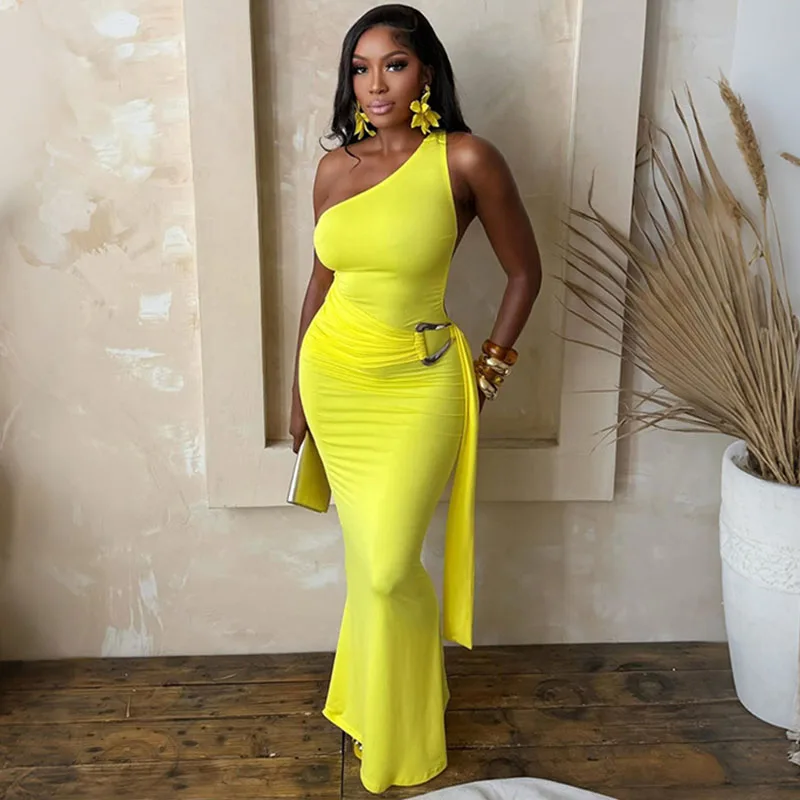 Doyerl Elegantes Einschultriges Geburtstagskleid Damen Formelles Abendkleid Club-Party Ärmellos Rückenfrei Metallknopf Bodycon Maxikleid
