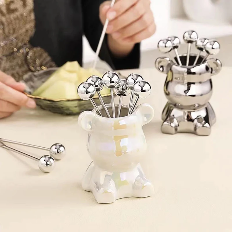 6pcs Stainless Steel Dessert Forks With Storage Jar Cute Bear For Party Tasting Dessert Fruit Pickle Fruit Salad