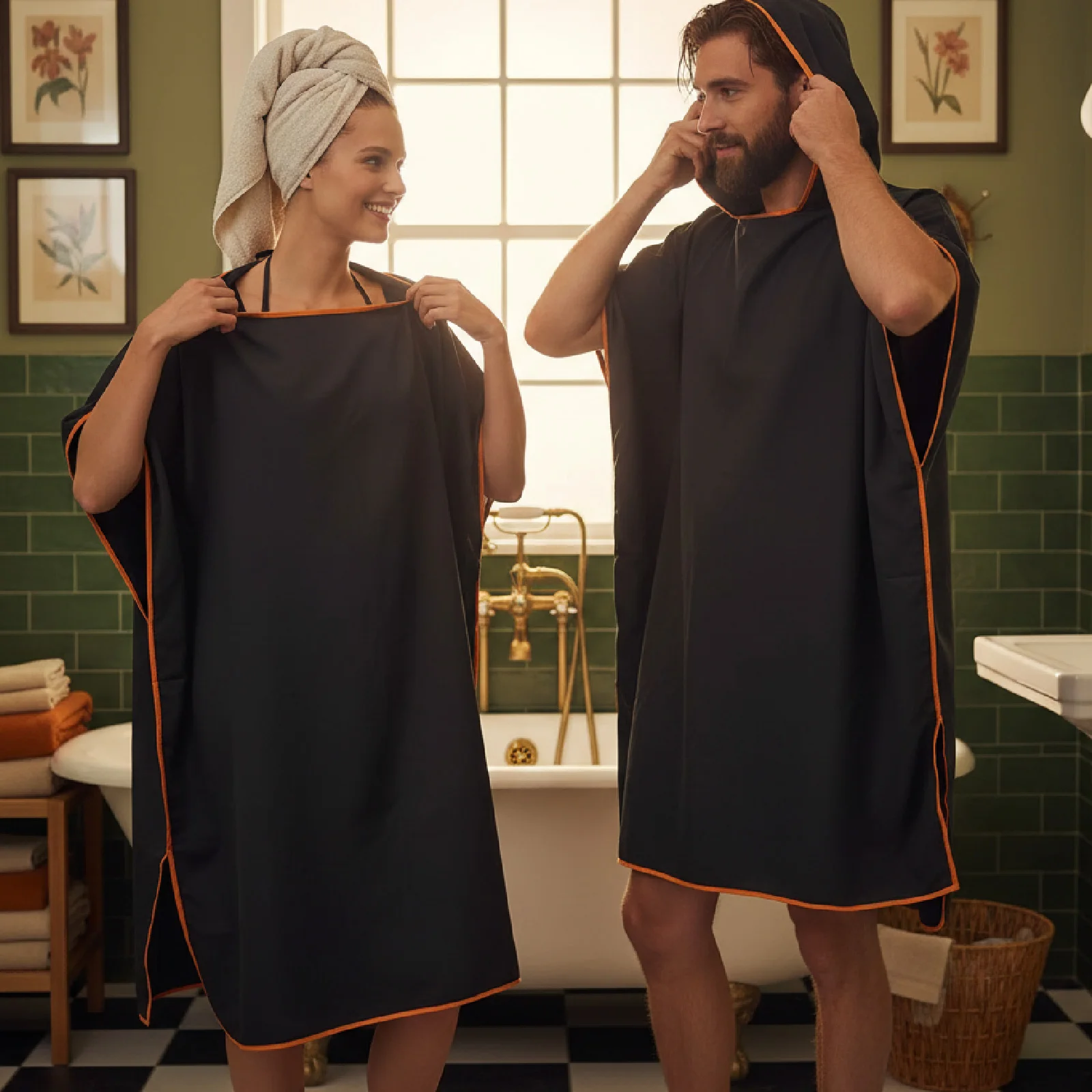 Black Pink Quick Dry Beach Poncho with Pockets 90x110cm, Summer Lightweight Surf Towel Changing Robe, Sun Hoodie Swim Cover Up,
