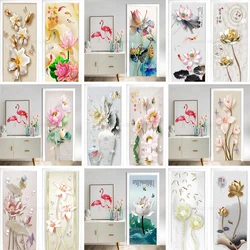 3D Realistic Lotus Door Stickers Mural Cover Waterproof PVC Floral Oriental Flower Door Wallpaper Living Room Decorations