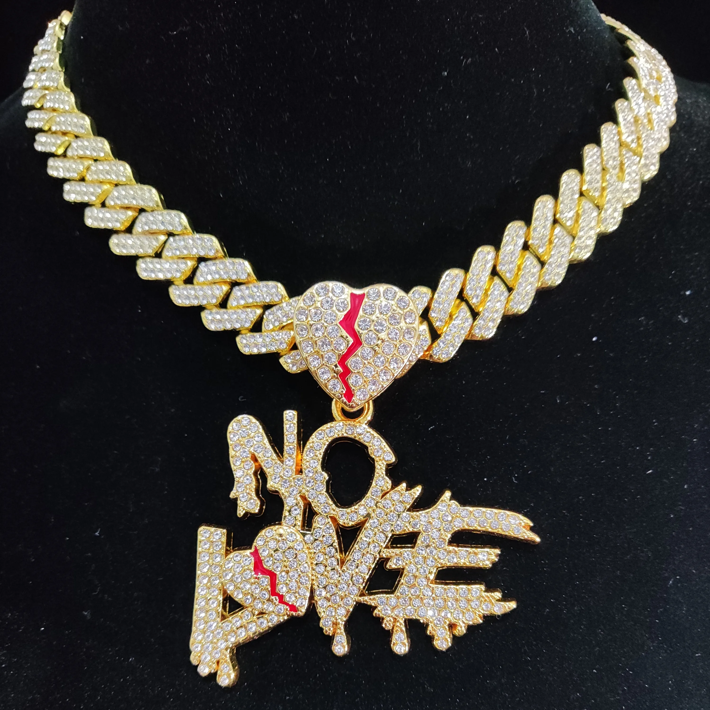 Men Women Hip Hop No Love Heart Pendant Necklace with 14mm Cuban Chain HipHop Iced Out Bling Hiphop Necklaces Fashion Jewelry