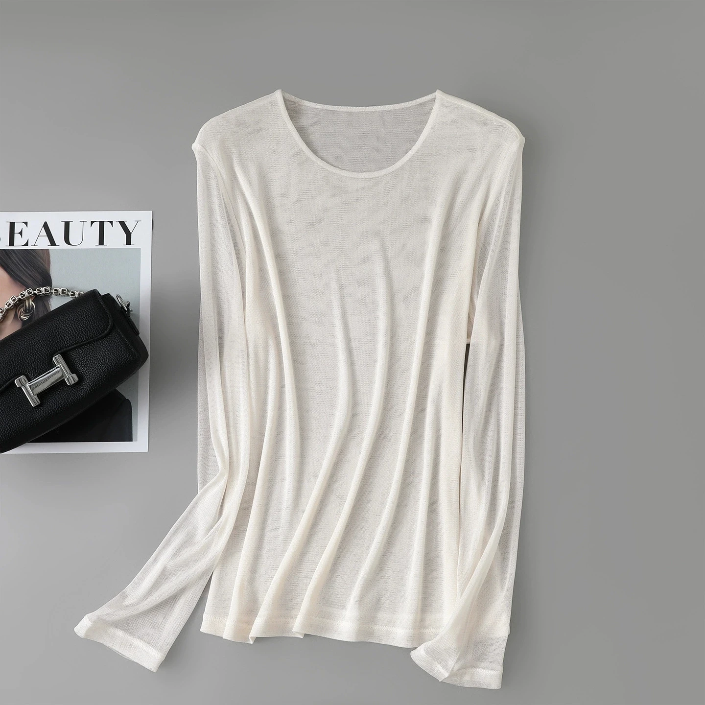 MadBlack-100%Silk Elegant Knit T-Shirt, O Neck Long Sleeve Solids, Women Comfortable Thin Mesh Top, 2026 Autumn New T69014CC