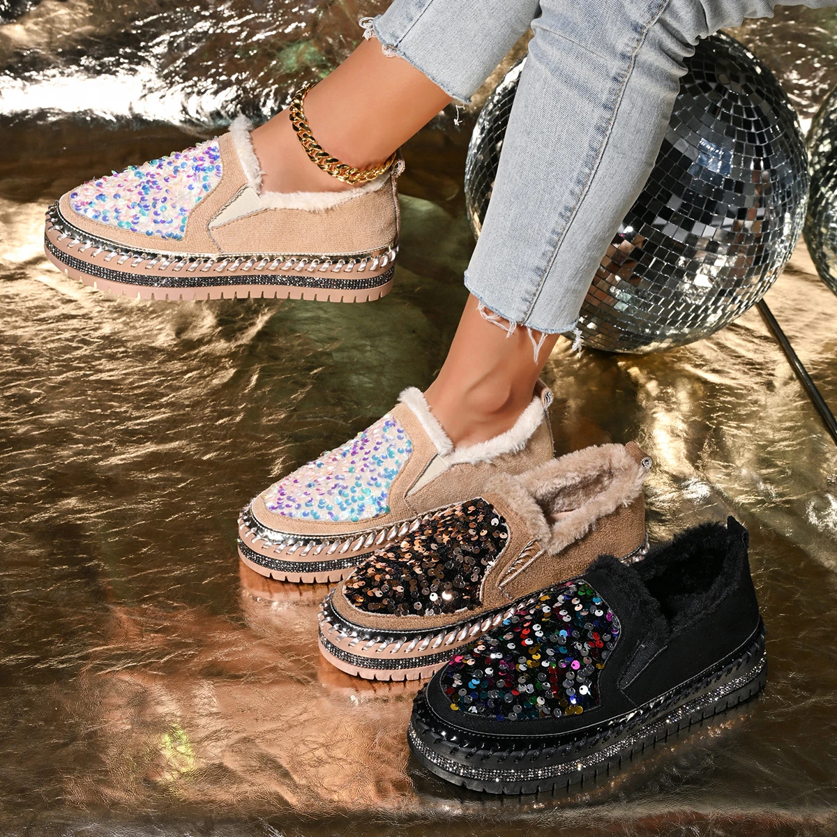 Women Snow Boots Contrast Sequin Slip on Flats Sneakers Women Rhinestone Shiny Stitched Loafers Shallow Platform Women Shoes