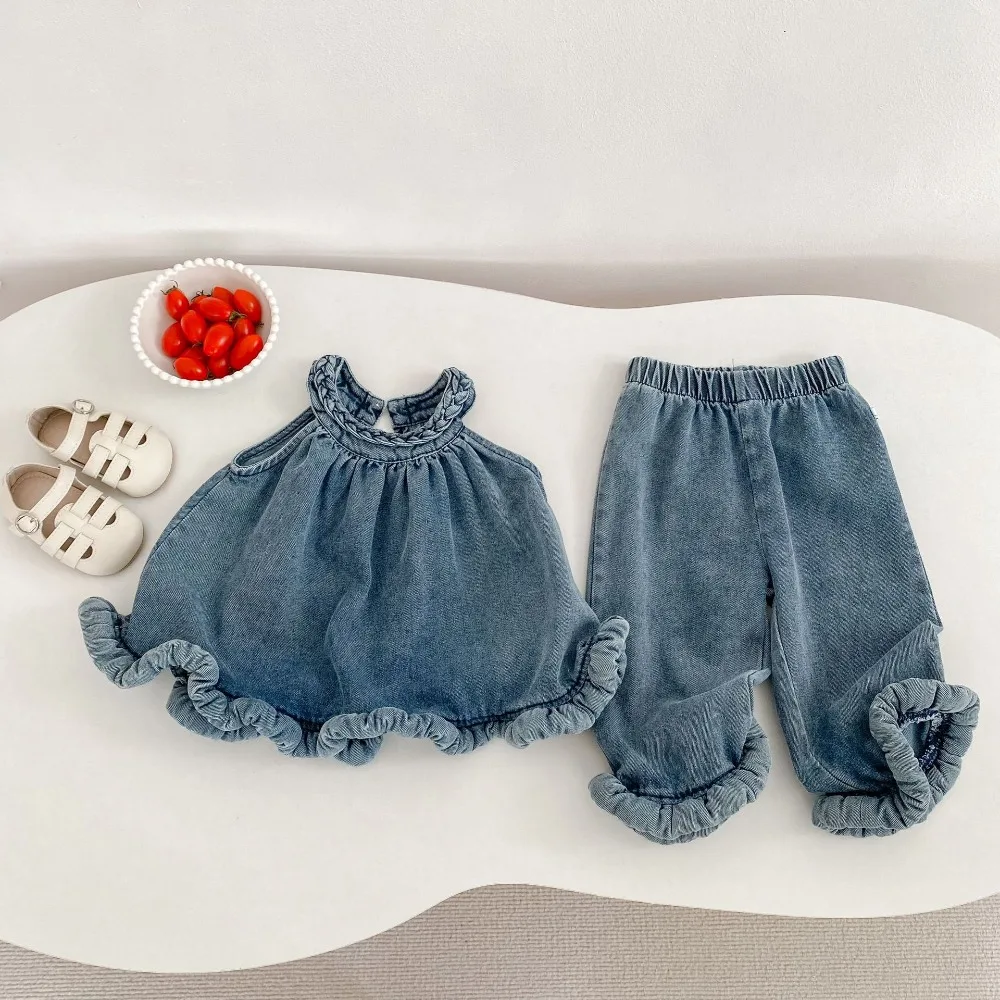 

2026 Summer Children Girl Clothing Set 0-6Years Toddler Kids Sleeveless Strap Denim Tops+Jeans Pant 2PCS Outfits Fashion Clothes