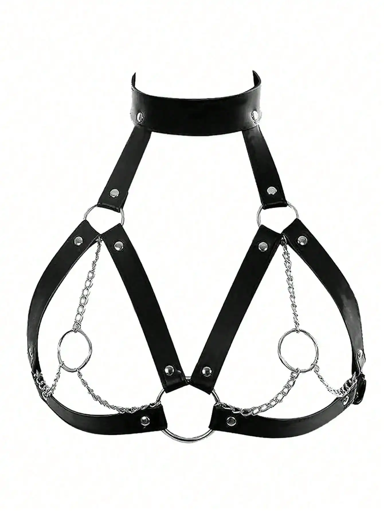 

Black PU Leather Chest Harness with Metal Chains and Rings, Adjustable Punk Gothic Style Accessory