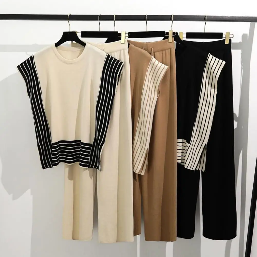 

Women Top Pants Set Striped Knitted Two-piece Set for Women Top High Waist Pants Contrast Colors Homewear Outfit Women Two-piece