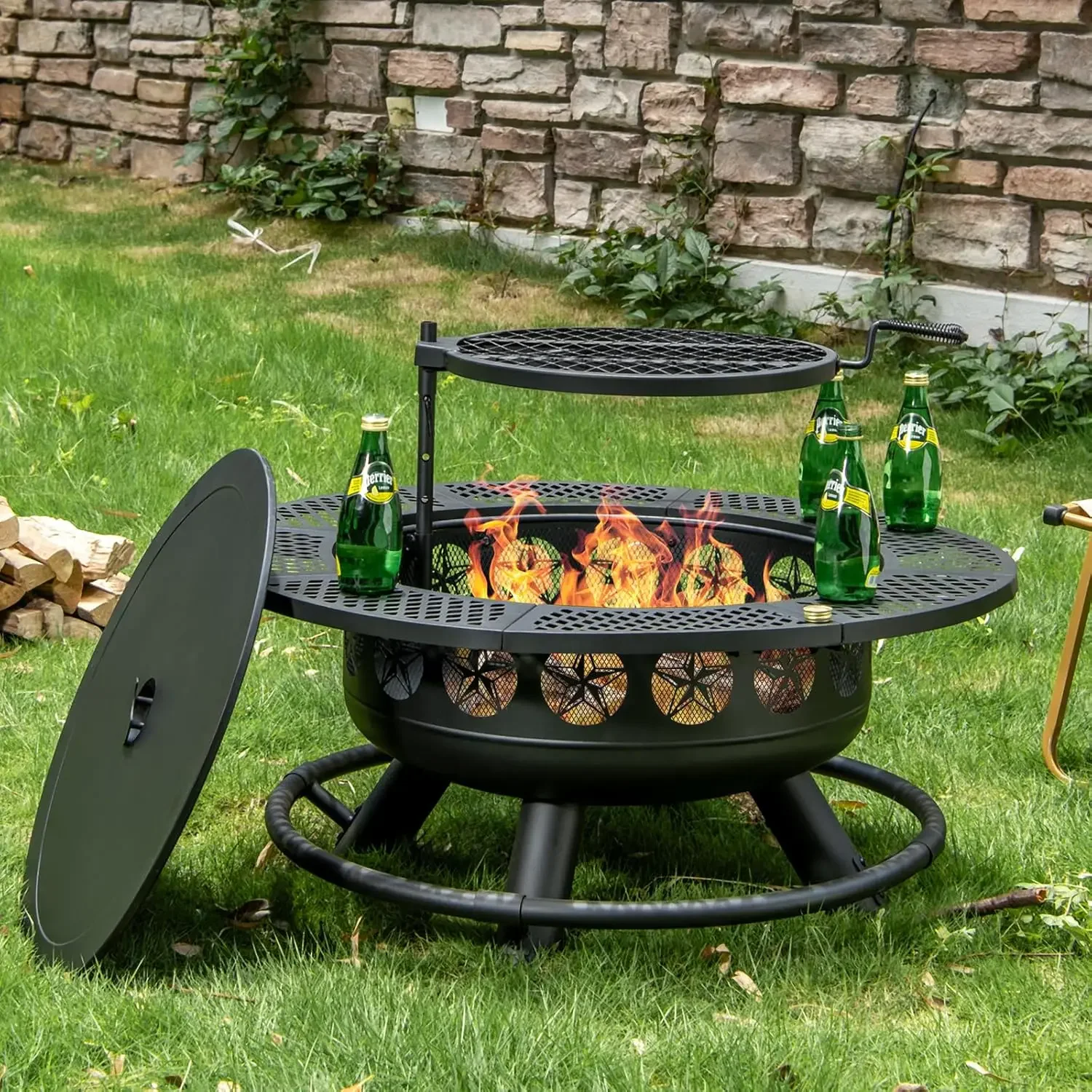 36 Inch Fire Pit with Cooking Grill,Outdoor Wood Burning BBQ Firepit with Lid, 3-in-1 Outdoor Fire Pit Patio Picnic (36