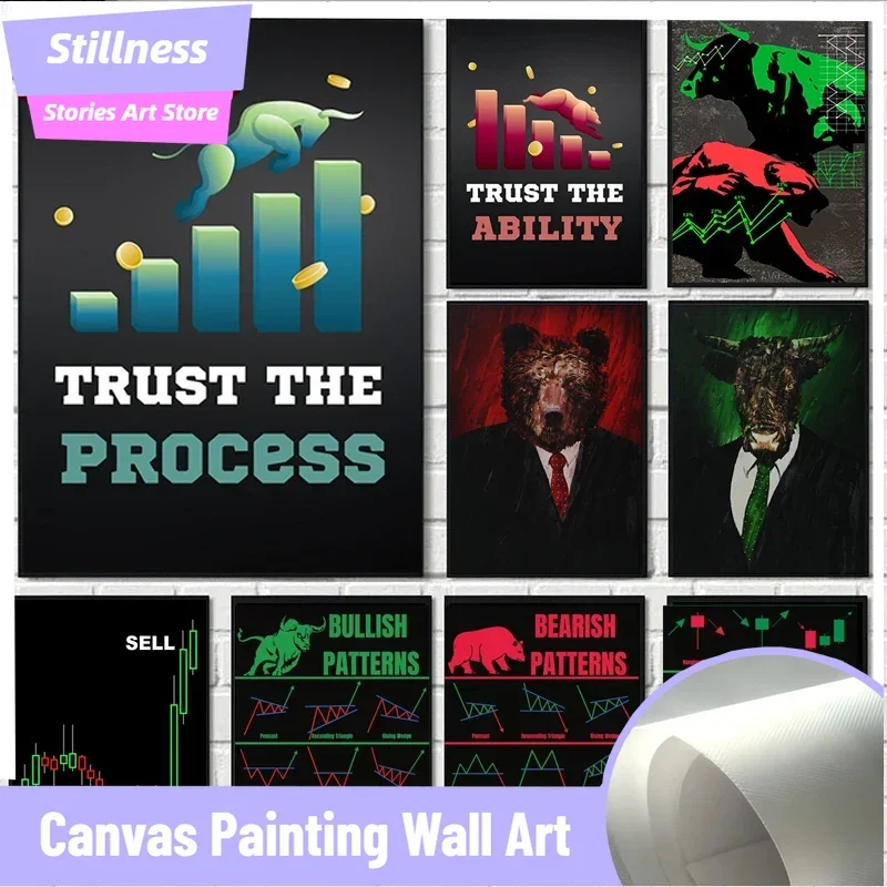 Neon Bulls&Bears Stock Market Trading Quotes Canvas Poster Trust The Process and Ability Wall Pictures Home Office Decor