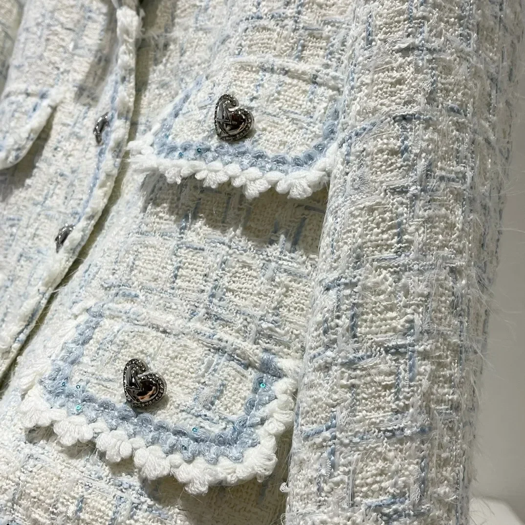 Hellblaue 2024-Herbstjacke mit neuem Besatz, Patchwork, langärmelig, Tweed-Daunenjacke von guter Qualität für Damen