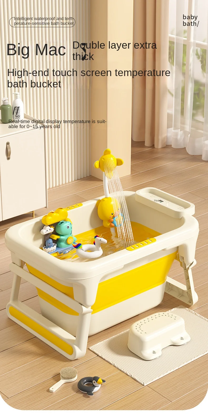 Temperature Display Baby Bathtub with Cushion Support Foldable Bath Bucket Silicone for Shower At Travling or Bathroom Portable