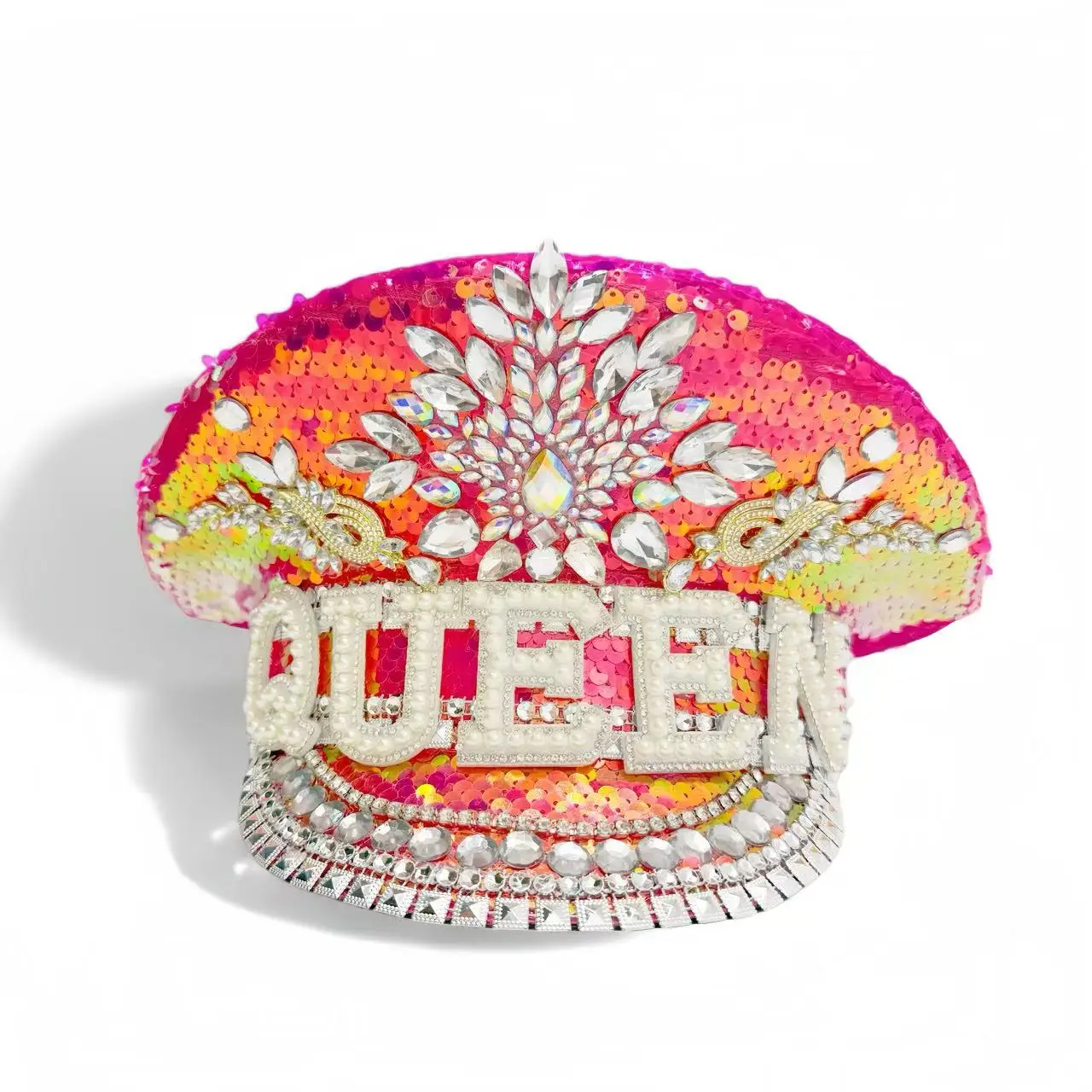 HongLuan Yellow Laser Leather Loop Captain Hat Rhinestone & Military Caps for Woman, Rave Festivals Accessories ＆ Party Cap Man