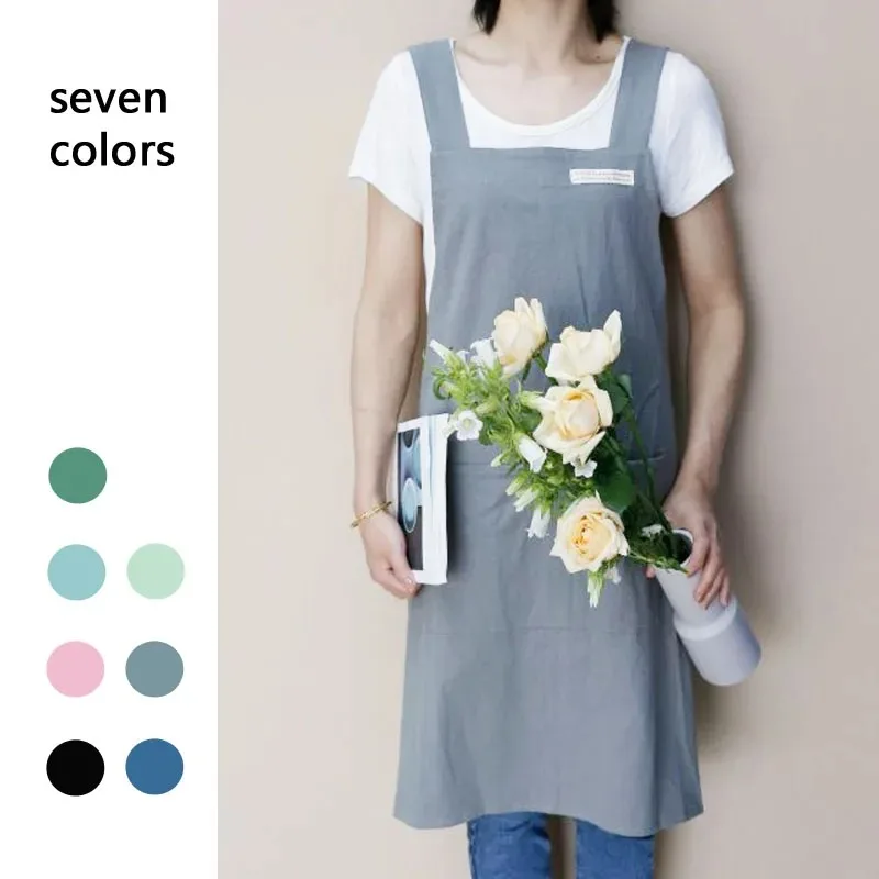 Apron Japanese and Korean simple apron denim apron cotton and linen solid color blouse kitchen Florist coffee shop apron