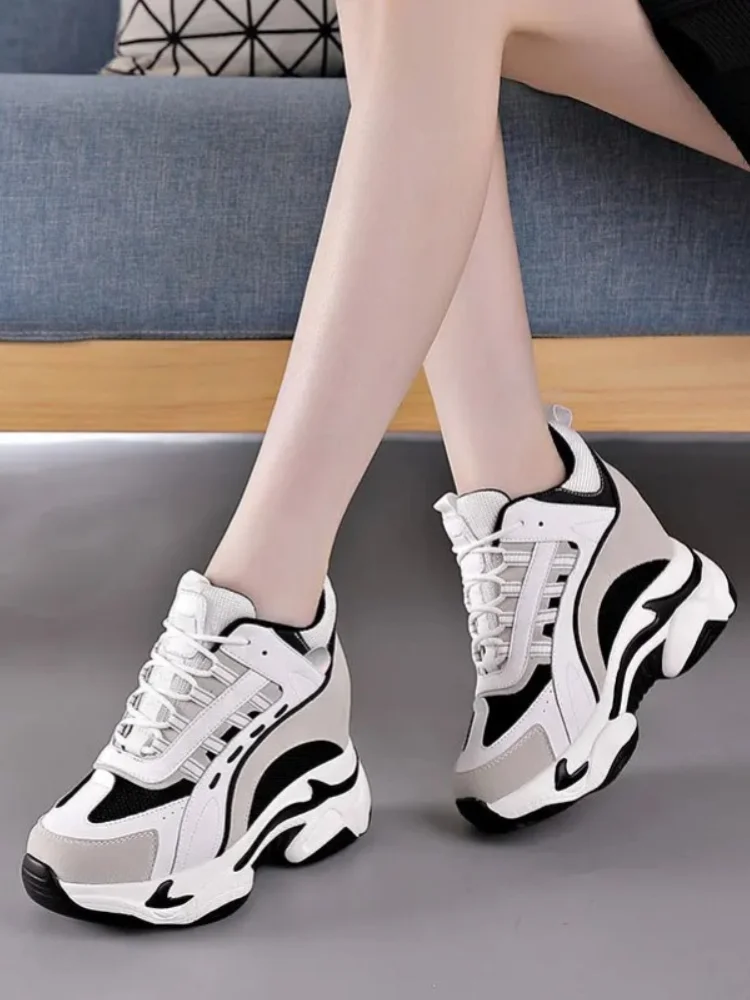 Fujin Platform Wedge Sneakers Chunky Shoes Dad Genuine Leather 9cm Heel Increased Height Vulcanized Shoes Boots Za