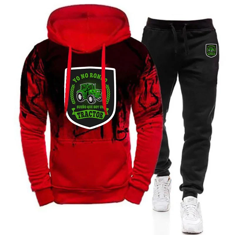 2025 Yo No Ronco Sueño Que Soy Un Tractor Print Men's Spring Autumn New Gradient Color Hooded+Casual Pants Two Piece Suit