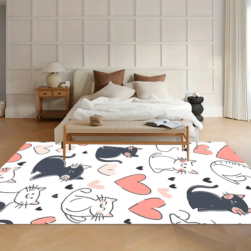 Cute Cat & Heart Kids Room Rugs Non-Slip Carpet Washable Rug for Playroom Soft Floor Mat Home Decor Carpets for Living Room Gift