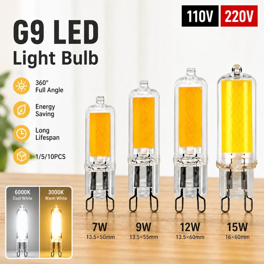 1/5/10Pcs G9 LED Bulb 7W 9W 12W 15W 110V 220V 3000K Warm White 6000K Cool White Halogen Lamp for Chandelier Home Lighting