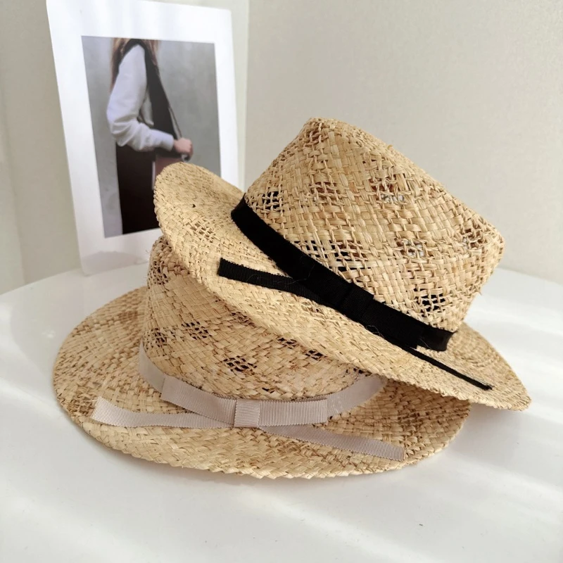 Bohemian Braided Satin Ribbon Flat Top Hat  Summer Sun Protection Straw Hat  French Country Shade Beach Hat Trendy