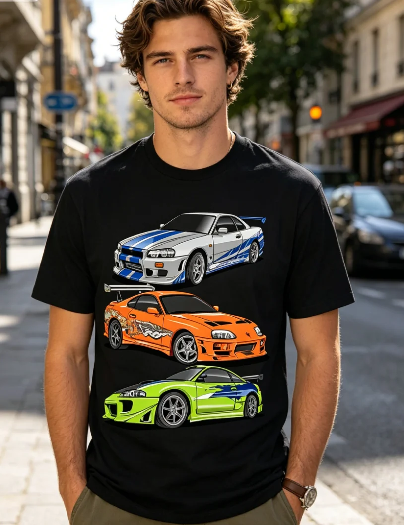 Herren Brian O'Conner Grafik-T-Shirt Schwarz mit Rennwagen-Design Rundhals-T-Shirt für Streetwear Motorsport-Events & Alle Jahreszeiten