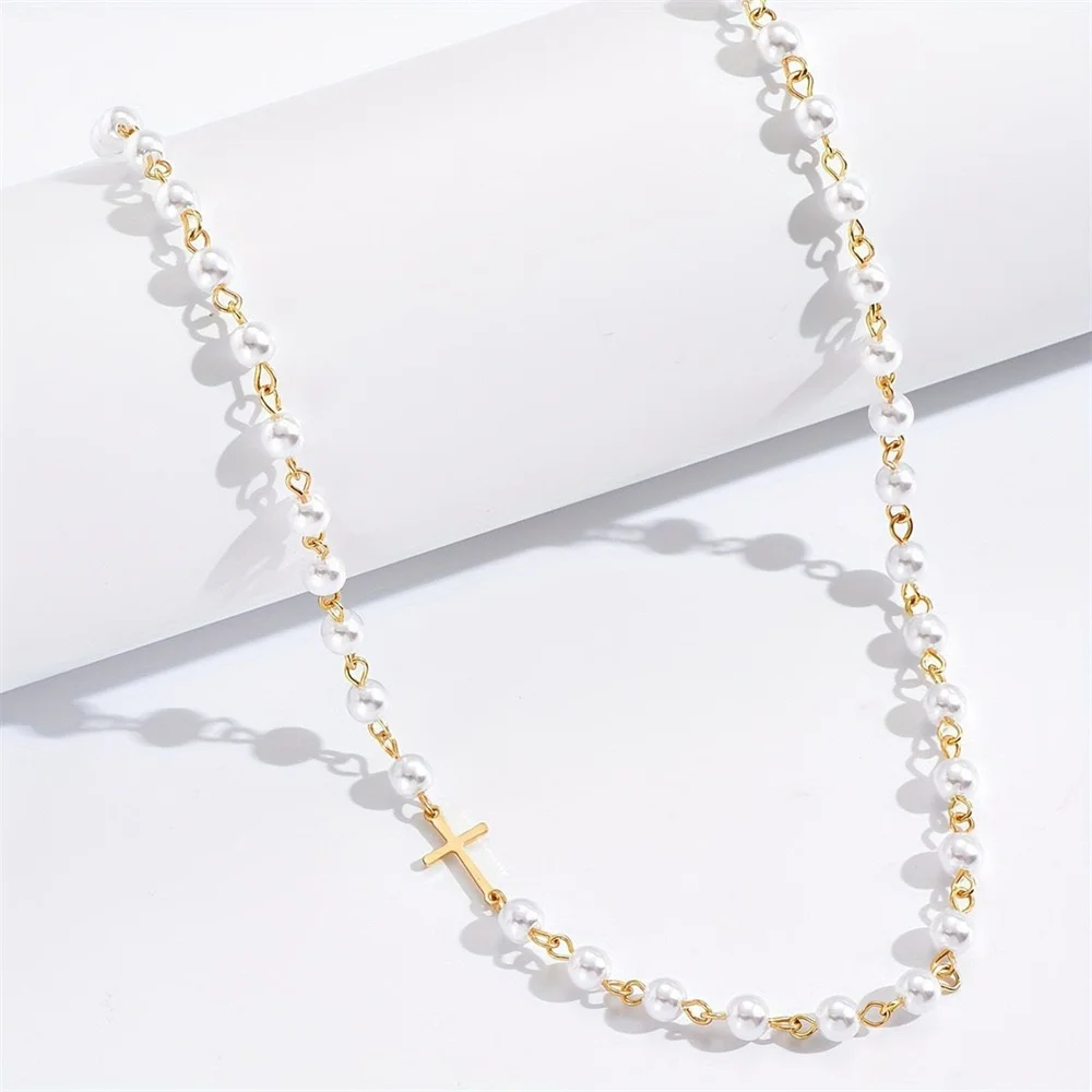 Fashionable And Minimalist Small Cross Pearl Necklace Women's Short Collarbone Accessory