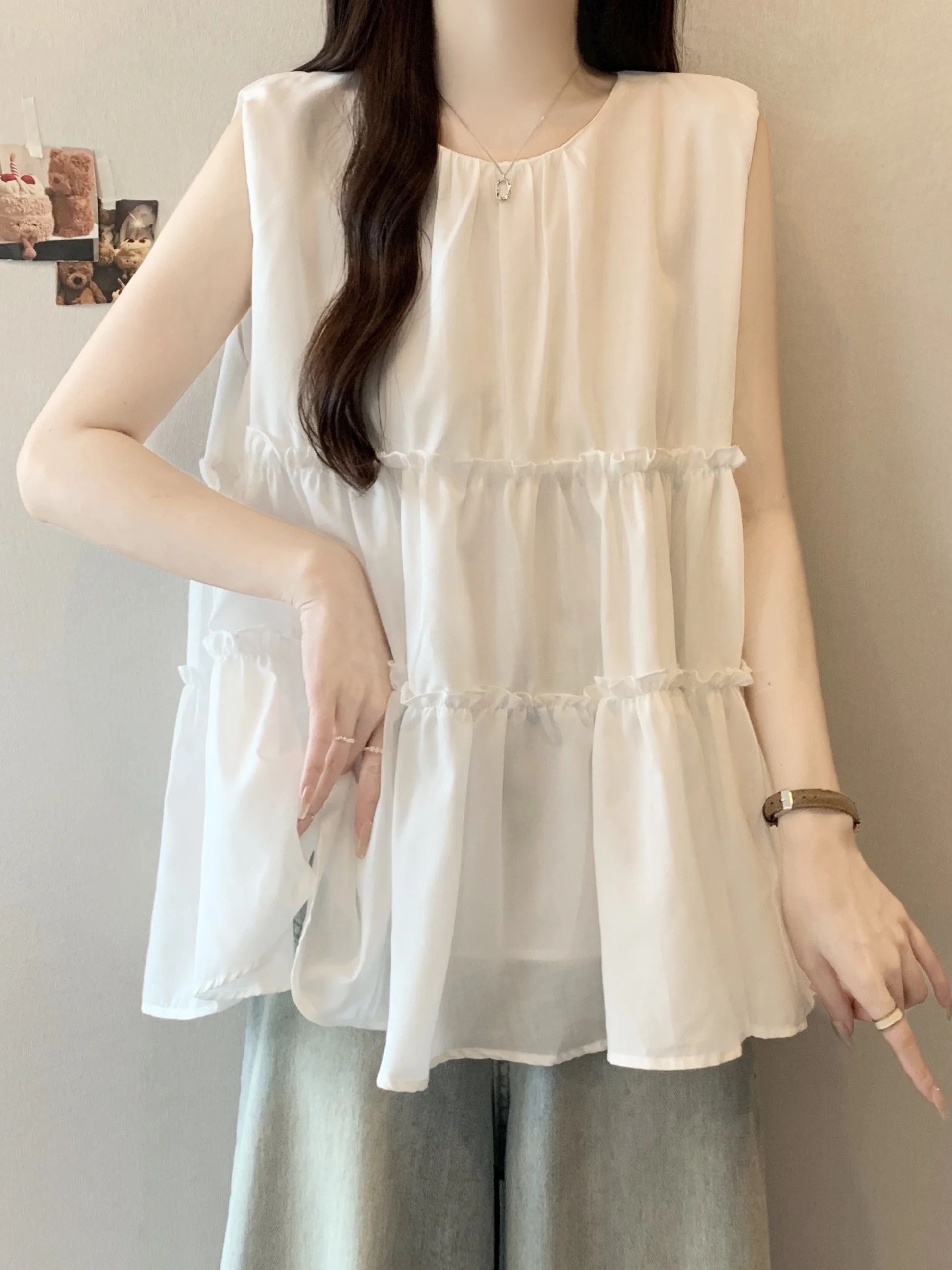 プラスサイズ ホワイトウッド風 フリルベスト レディース 夏用 ラウンドネック ドール風 お腹カバートップ