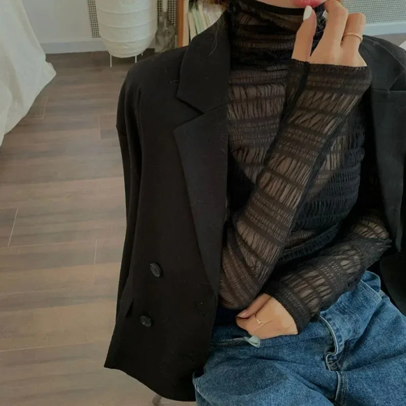 Fashion Women Long Sleeve Tops Korean Streetwear Loose Solid Sexy Club Summer Casual Transparent Thin Folds Tee Shirt