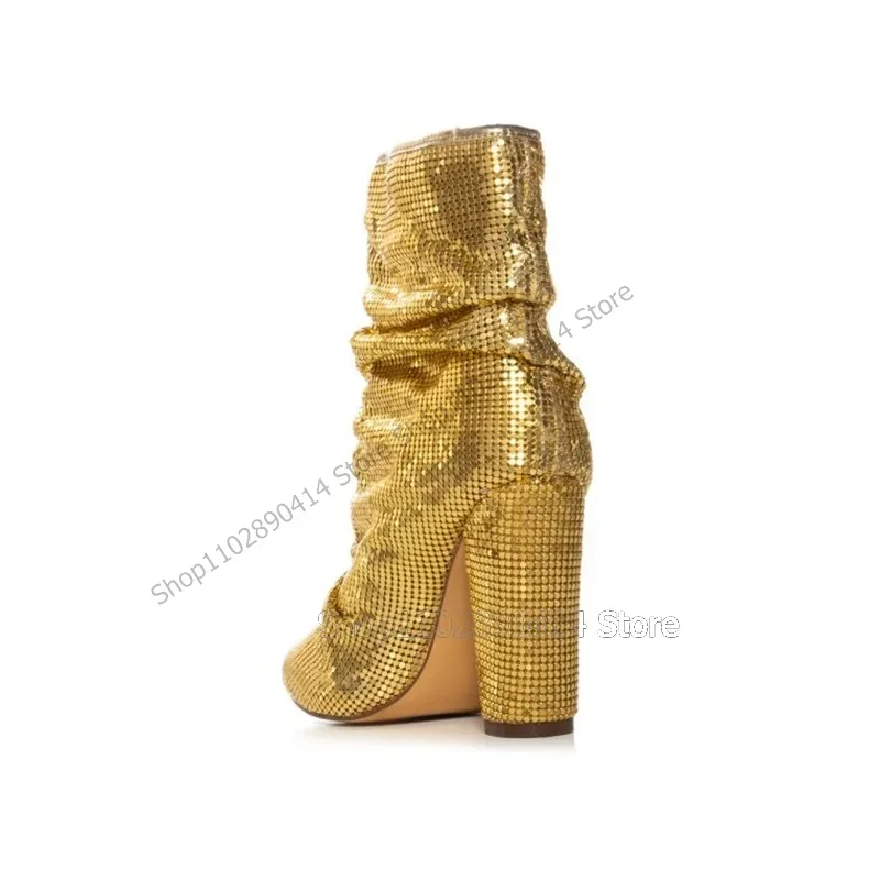 Paillettes dorées décor mi-mollet bout pointu bottes sans lacet femmes chaussures gros talons hauts roman mode fête 2023 Zapatos Para Mujere