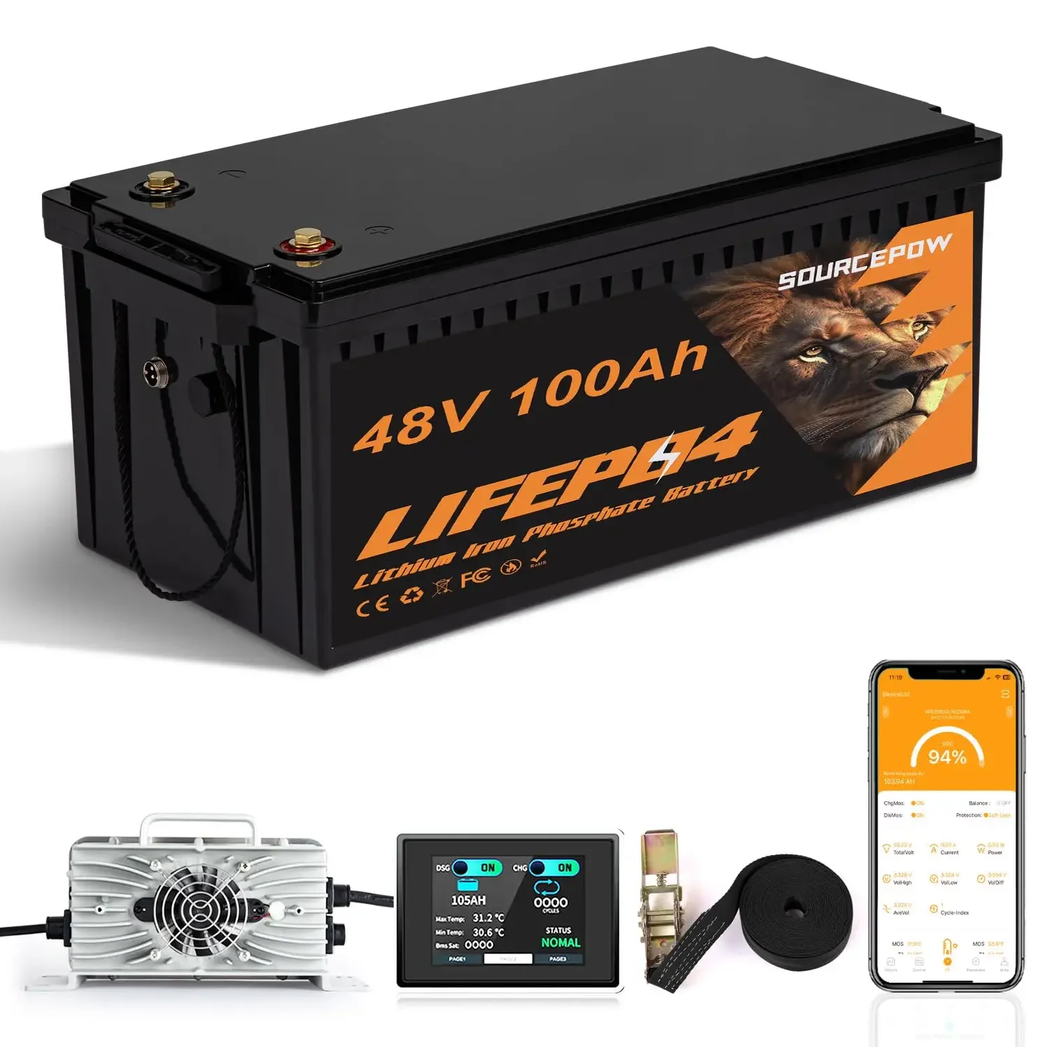 

Литиевая батарея LiFePO4 48В (51.2В) 100Ач для гольф-кара, со встроенной интеллектуальной BMS 200А, сенсорным монитором и зарядным устройством 18А, на заказ