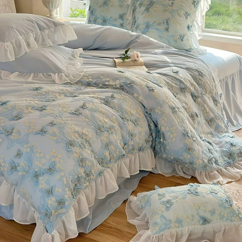 French Bedroom Three-dimensional Butterfly Four Piece Set Princess Style Lace Pure Cotton Duvet Cover Bed Sheet Bed Skirt Style