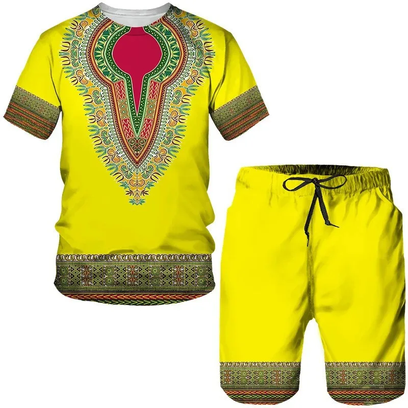 2025 Summer 3D Tribal Print New Men's and Women's Round Neck Short Sleeved Shorts Set Daily Casual Two-piece Set