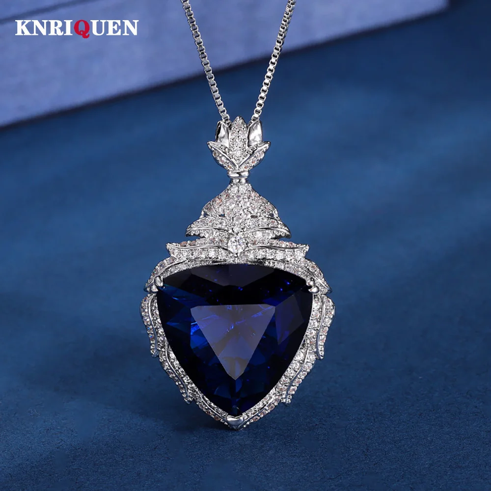 

Luxury Vintage 19*20mm Sapphire Pendant Necklace for Women Full Lab Diamond Cocktail Party Fine Jewelry Accessories Female Gift