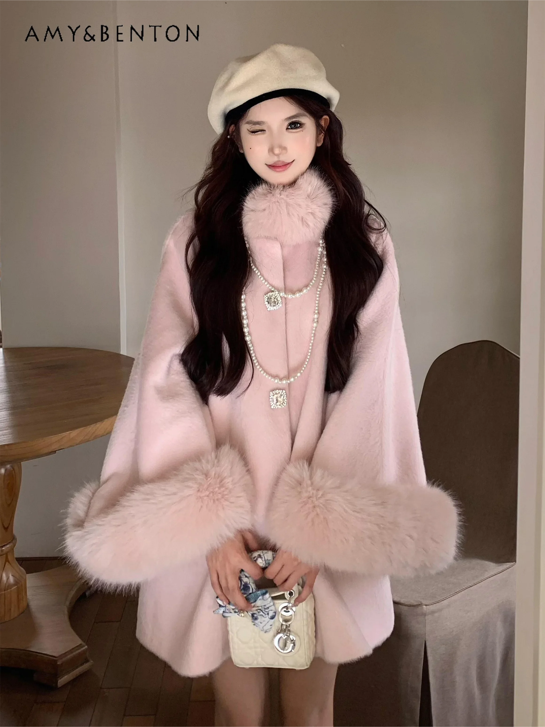 Pink Plush Long-sleeved Woolen Cloak Coat Elegance Temperament Princess Wool Coat Love Rhinestone Single-breasted Loose Coats