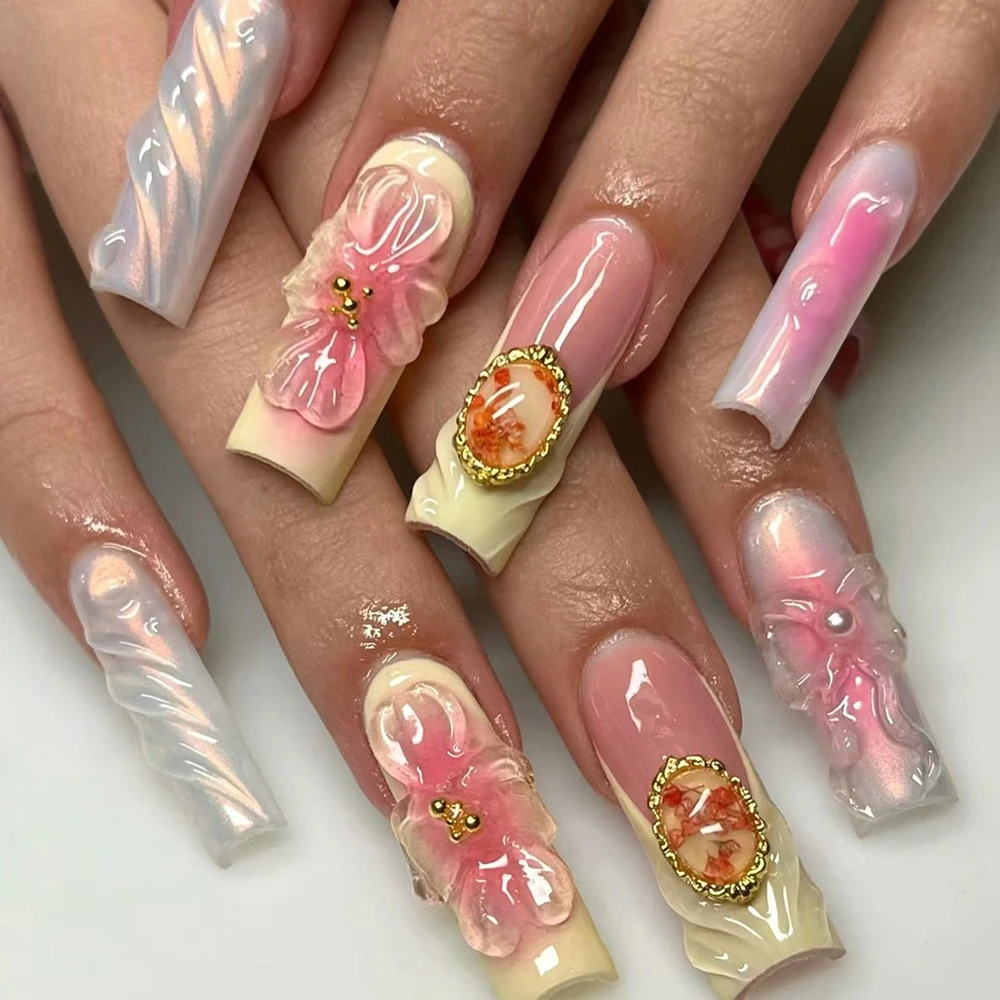 XL Rectangle Hawaii Hello Kitty Sea Shell Press On Nails Art 3D Flower Handwork Zebra-Print Gel Bow Fake Nails Birthday Gift