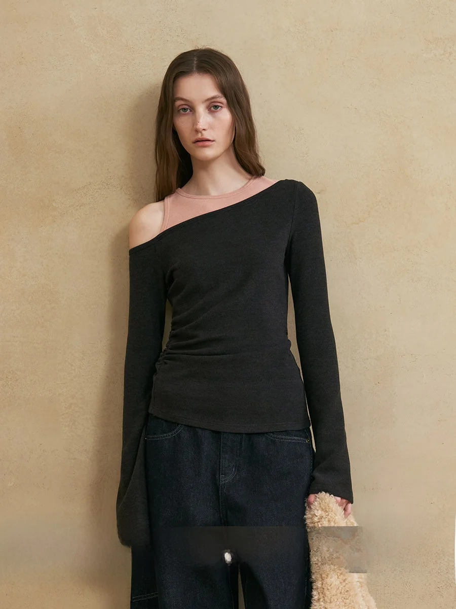 

Asymmetrical oulder Handmade Pleated Flared Sve Color Blo Knitted Slim Fit T-irt Casual Sle Long Sve round Ne