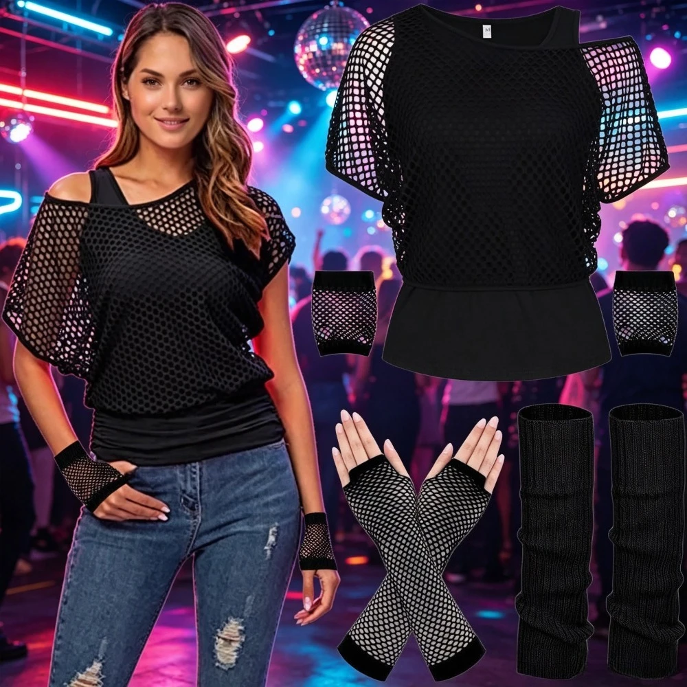 Fishnet See-through Mesh Outfit Set 1980s Retro Carnival Costume Matching Gloves Foot Sleeves Music Festival Dance Stage Wear