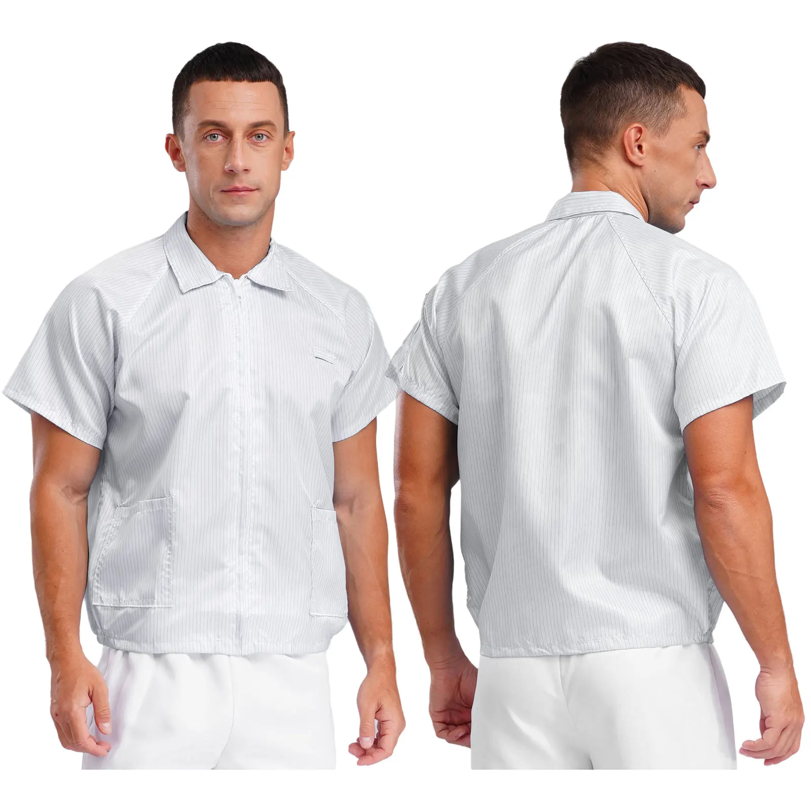Men Dust-proof Factory Work Tops Clothes Labor Short Sleeves Pockets Front Zipper Jacket Striped Work Shirt Summer Work Uniforms