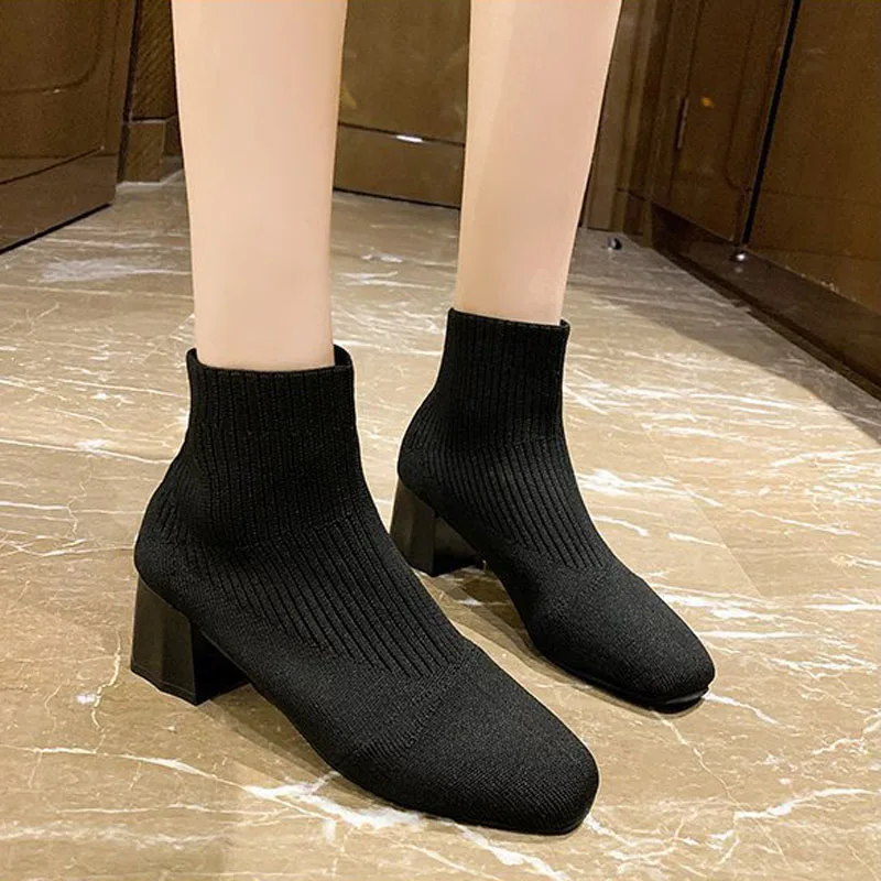 

Autumn Ankle Boots Winter Women New Casual Shoes Boots Women Medium Heel Knitted Sock Boots Women Slip On Female Botas WSH4954