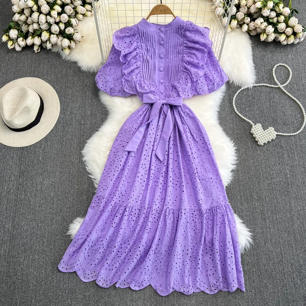 Elegant Chic Plelated Bow Ruffle Dress A-line Casual  Puff Sleeve Vestidos O-Neck High  Spring Summer Vacation Robe