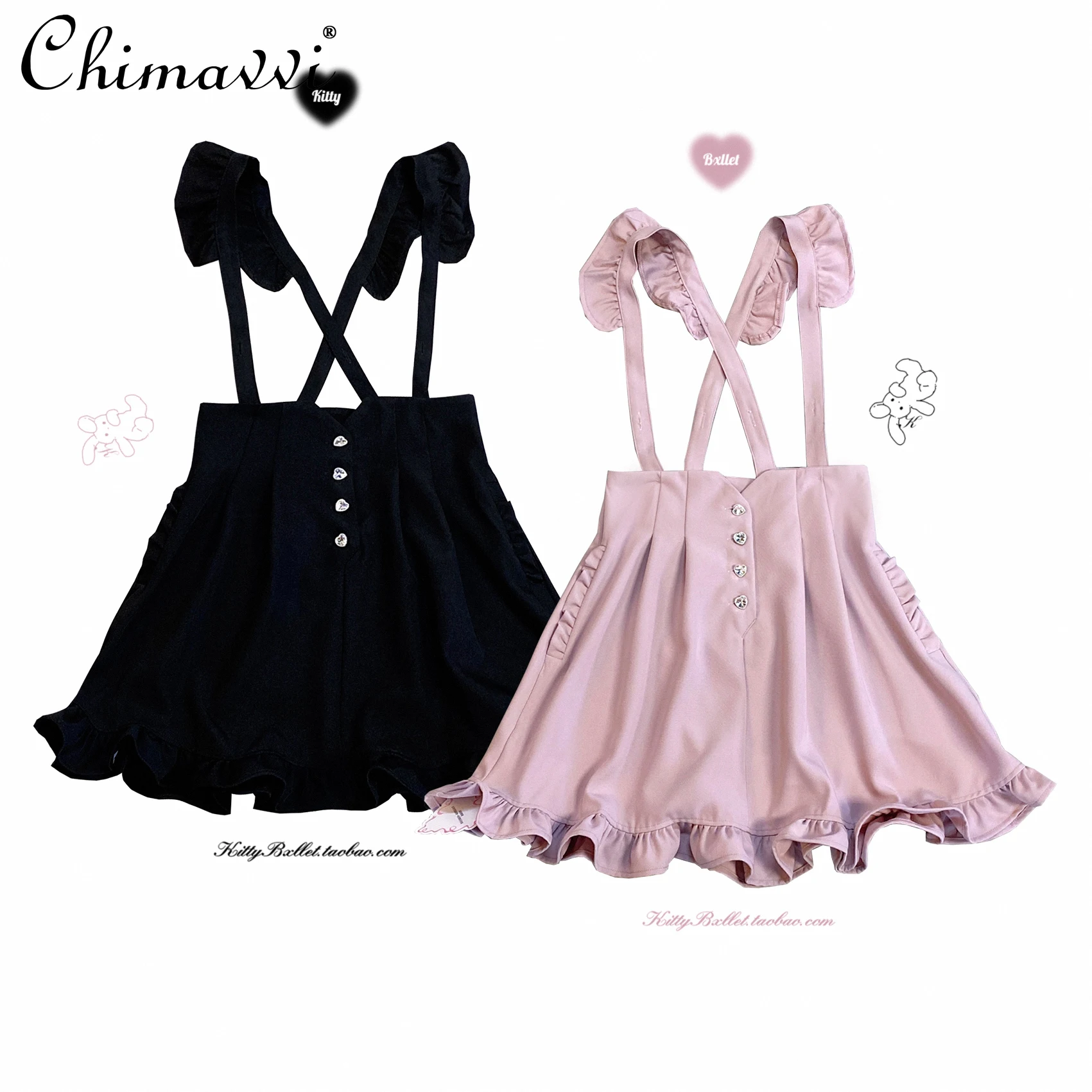 

Japanese Lolita Style Love Heart Jewel Single-Breasted Wooden Ear Suspender Skirt Sweet Girl High Waist Above Knee Y2k Skirt