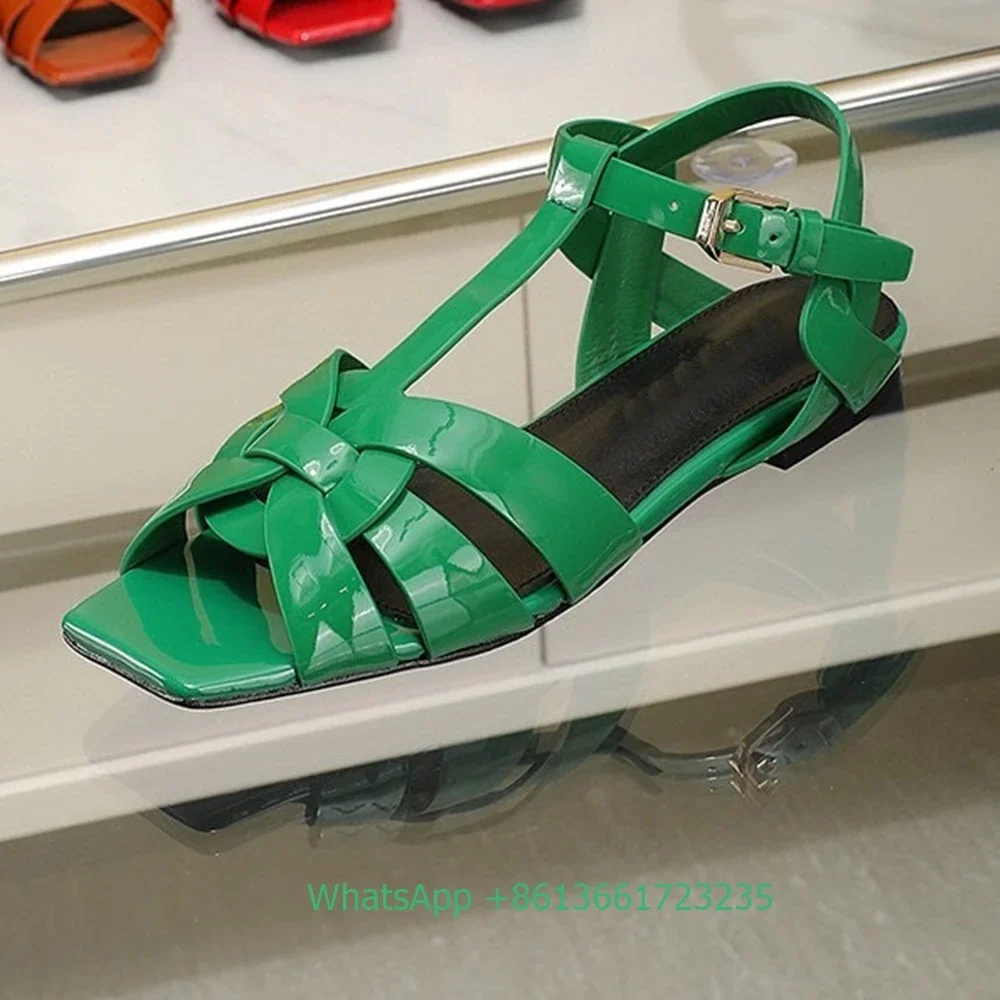 Women Cross Straps Square Toe Flat with Sandals Solid Color Open Toe Real Patent Leather Flat Sandales 2025 Newest Summer Sandal