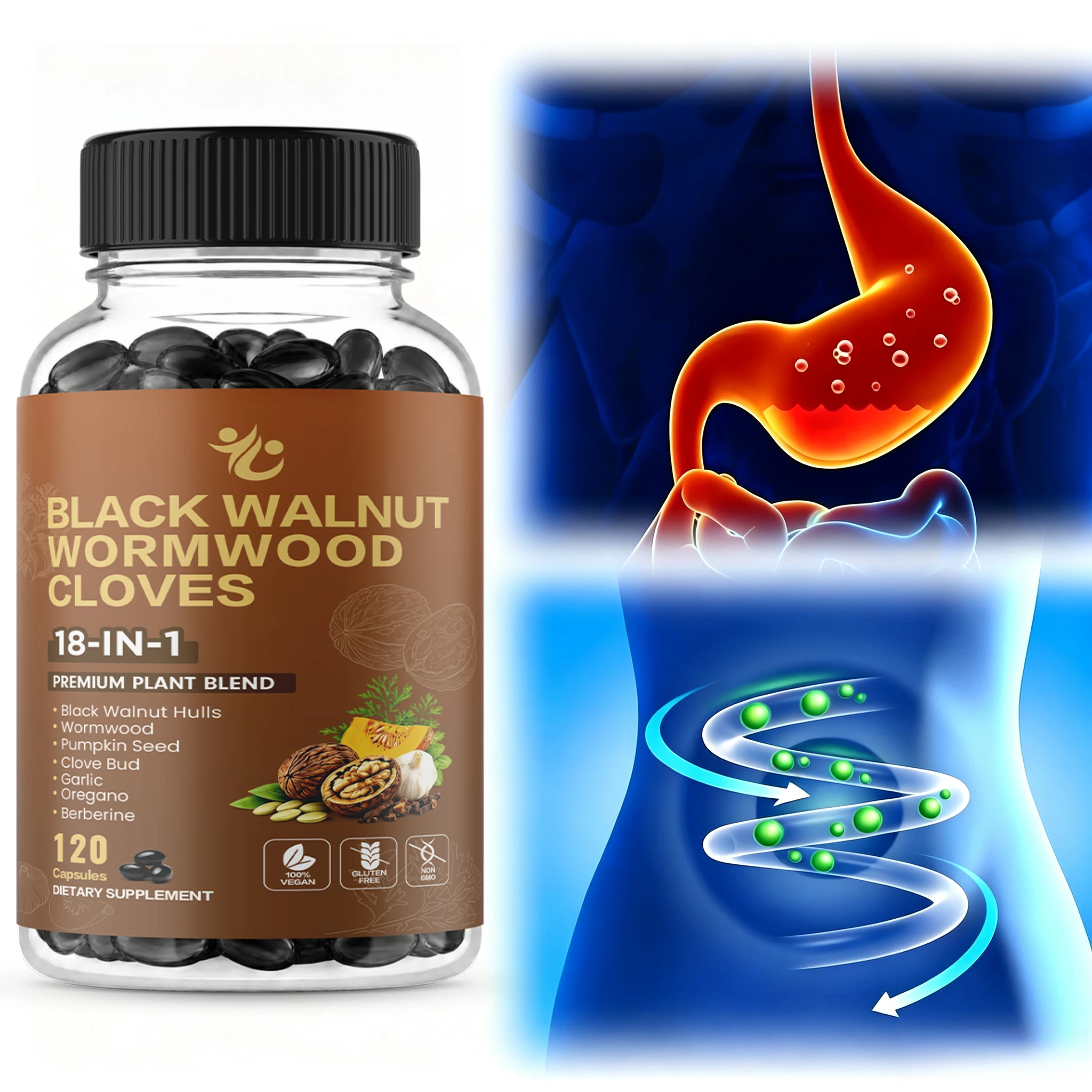 18in1 Herbal Digestive Softgels 120pcs Wormwood Black Walnut Clove Buds Pumpkin Seed Garlic Oregano Antioxidant Cleanse Detox
