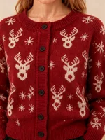Women's Burgundy Red Printed Knitted Cardigan with Christmas Reindeer Gingerbread Man Snowflake Pattern, Round-Neck Long-Sleeved Festive Sweater Cardigan 5