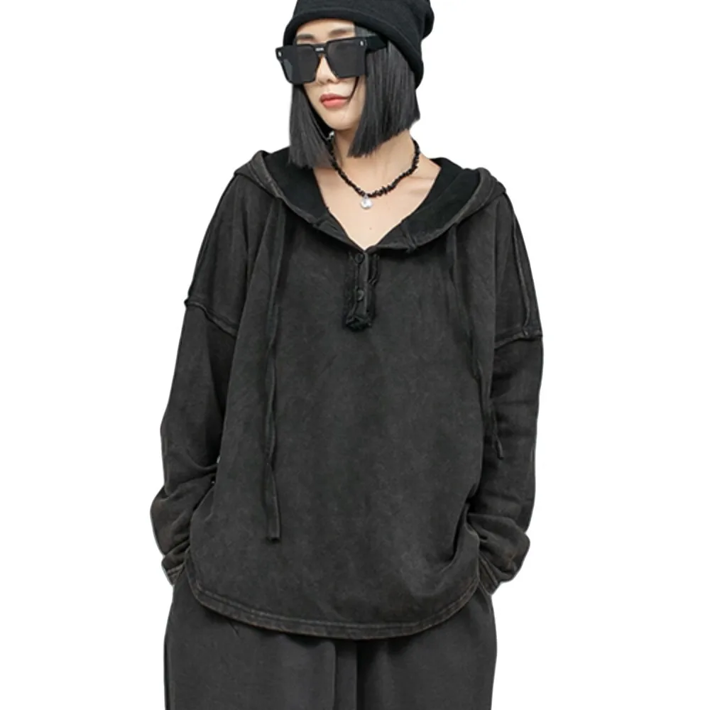 Velvet Thick Hooded Sweatshirt Women 2024 Autumn Winter Loose Fashion Black Hoodie LX2509