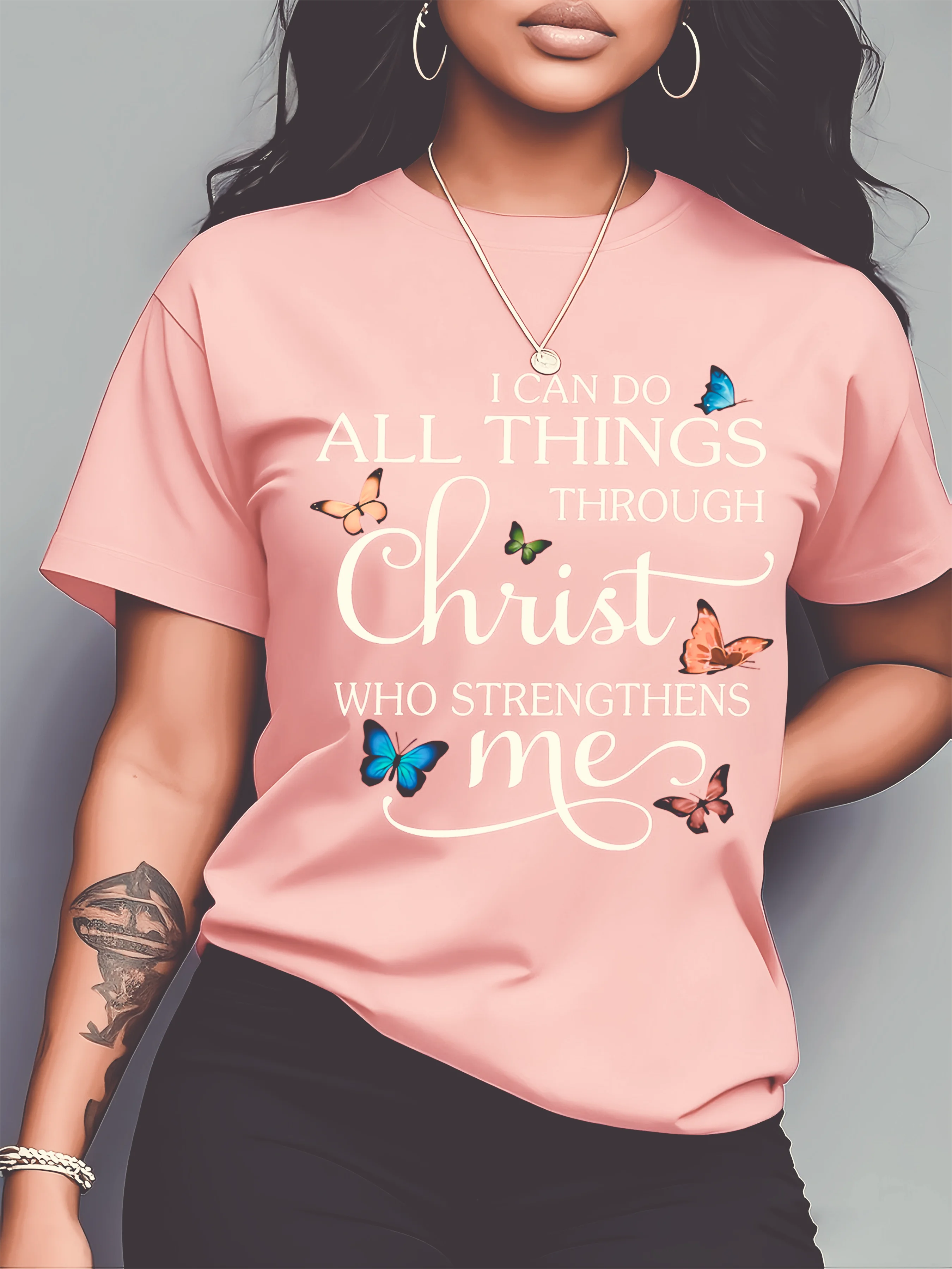 I Can Do All Things Through Christ Women's Tee - Butterfly Christian Graphic, Casual Pink Top