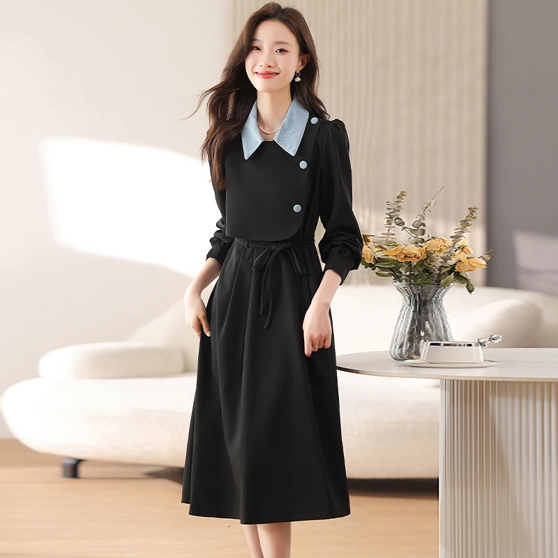 Vestidos de Verano para Mujer, Vestidos Nuevos y Únicos de Manga Larga con Cuello de Solapa, Vestido con Cordones en Línea A para Mujer Q6347