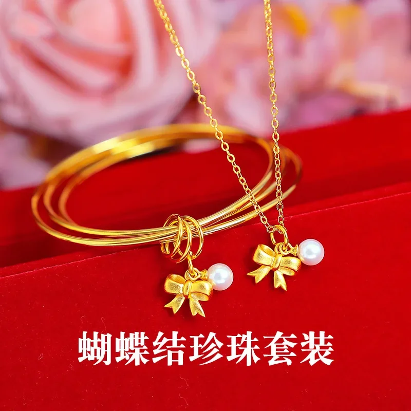 9999 Real Gold 24K Gold Edition Bow Pendant, Women's Fashion Ancient Bow Pearl Accessories, Women's Necklace Love gift