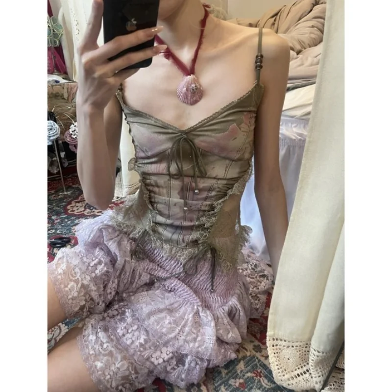 Y2K Hot Girl Heavy Industry Lace Splicing Printed Beaded Strap Trendy New Women's Tank Top Slim Fit Top for Summer Ins