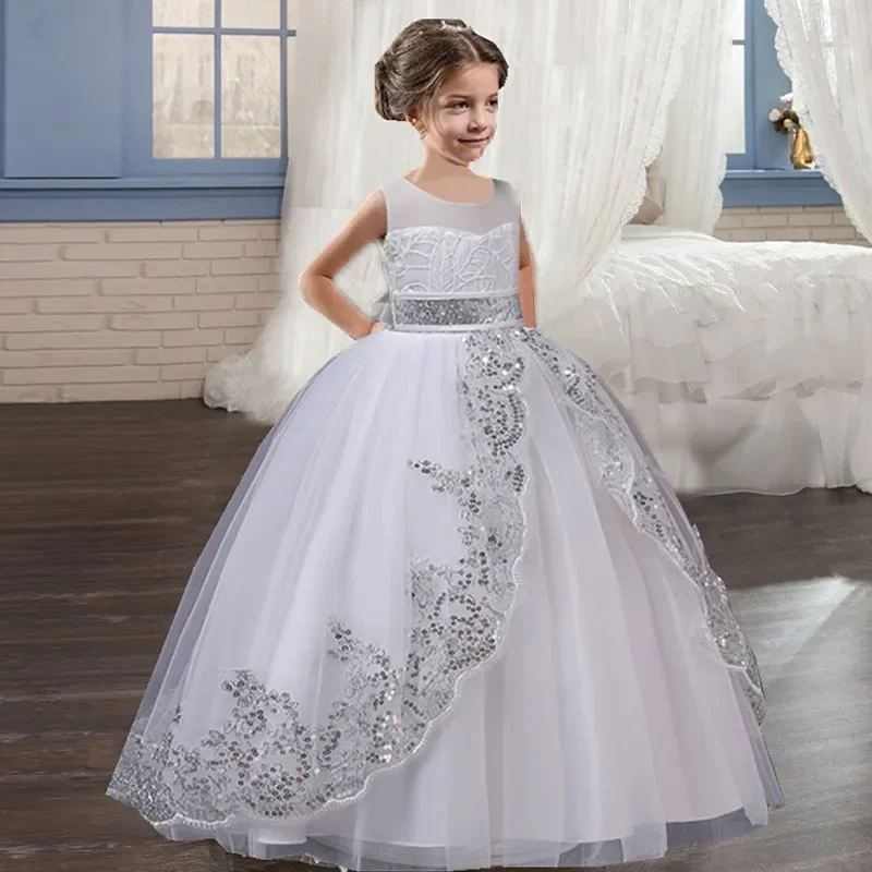 2024 new flower girl dress paillettes white children wedding party abbigliamento per bambini prima comunione princess ball gown vestidos 3-14yrs