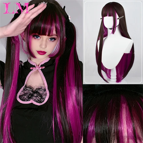 Peluca de pelo liso LM negro y rosa, pelucas onduladas largas sintéticas con flequillo para mujeres, Cosplay, fibra Natural de alta temperatura
