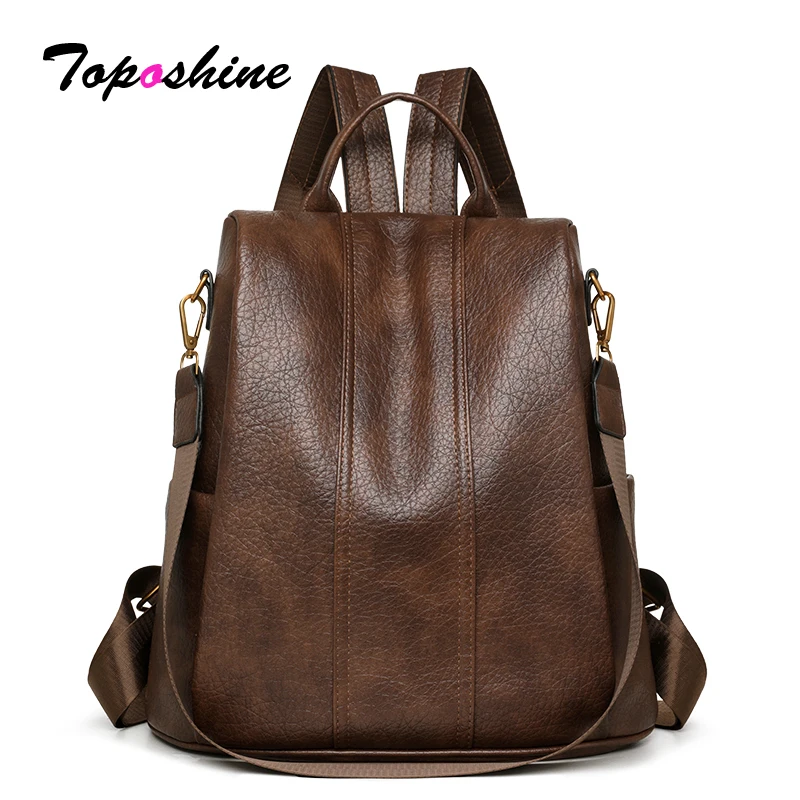 Mochila de Cuero Marrón Vintage Toposhine para Mujer, Bolso de Hombro Convertible, Diseño Antirrobo, Mochila de Viaje para el Trabajo Diario