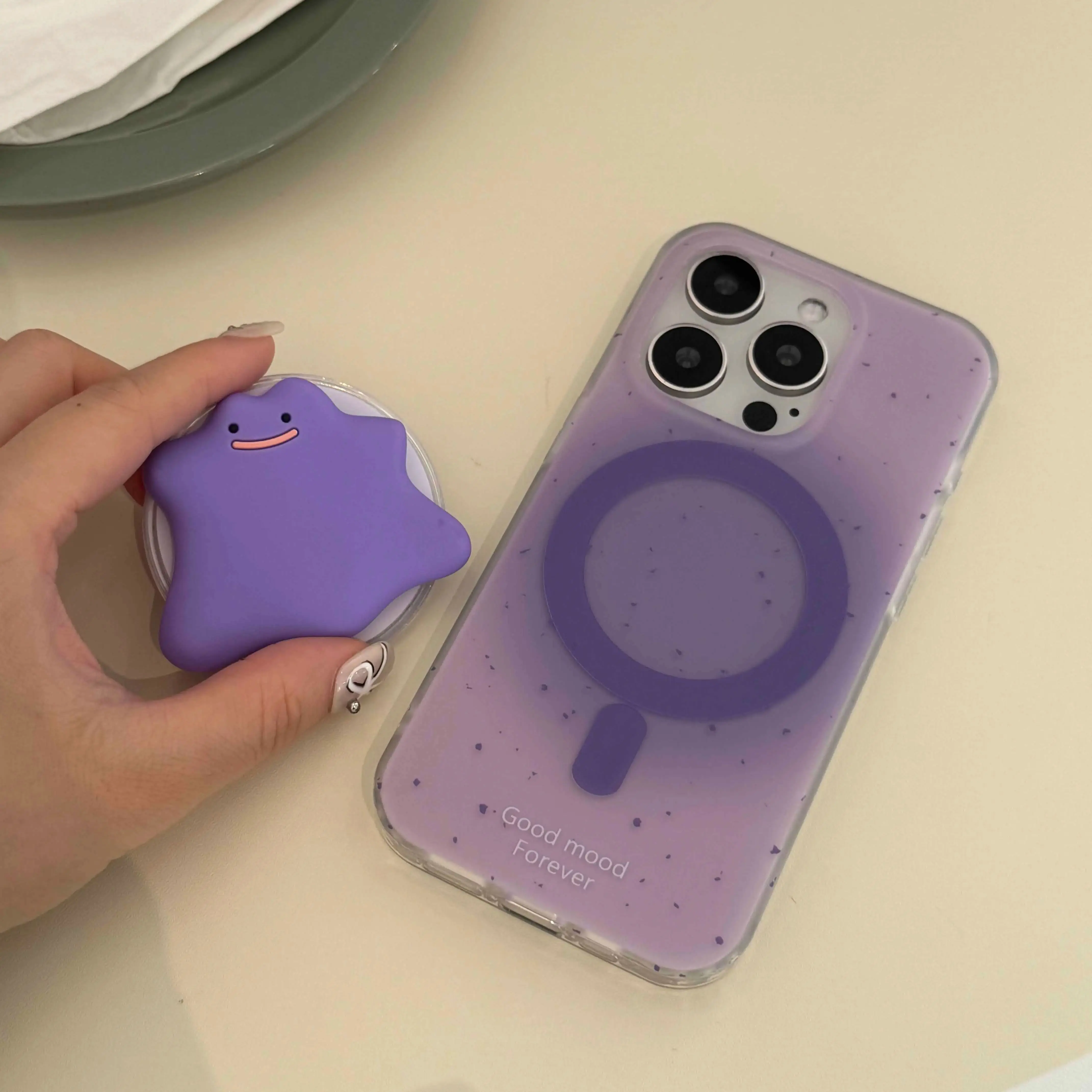 Cute Cartoon Purple Stand Holder Magnetic Fundas For Iphone  Wireless Charging Case Grip Tok Folding Finger Stand Socket view 5